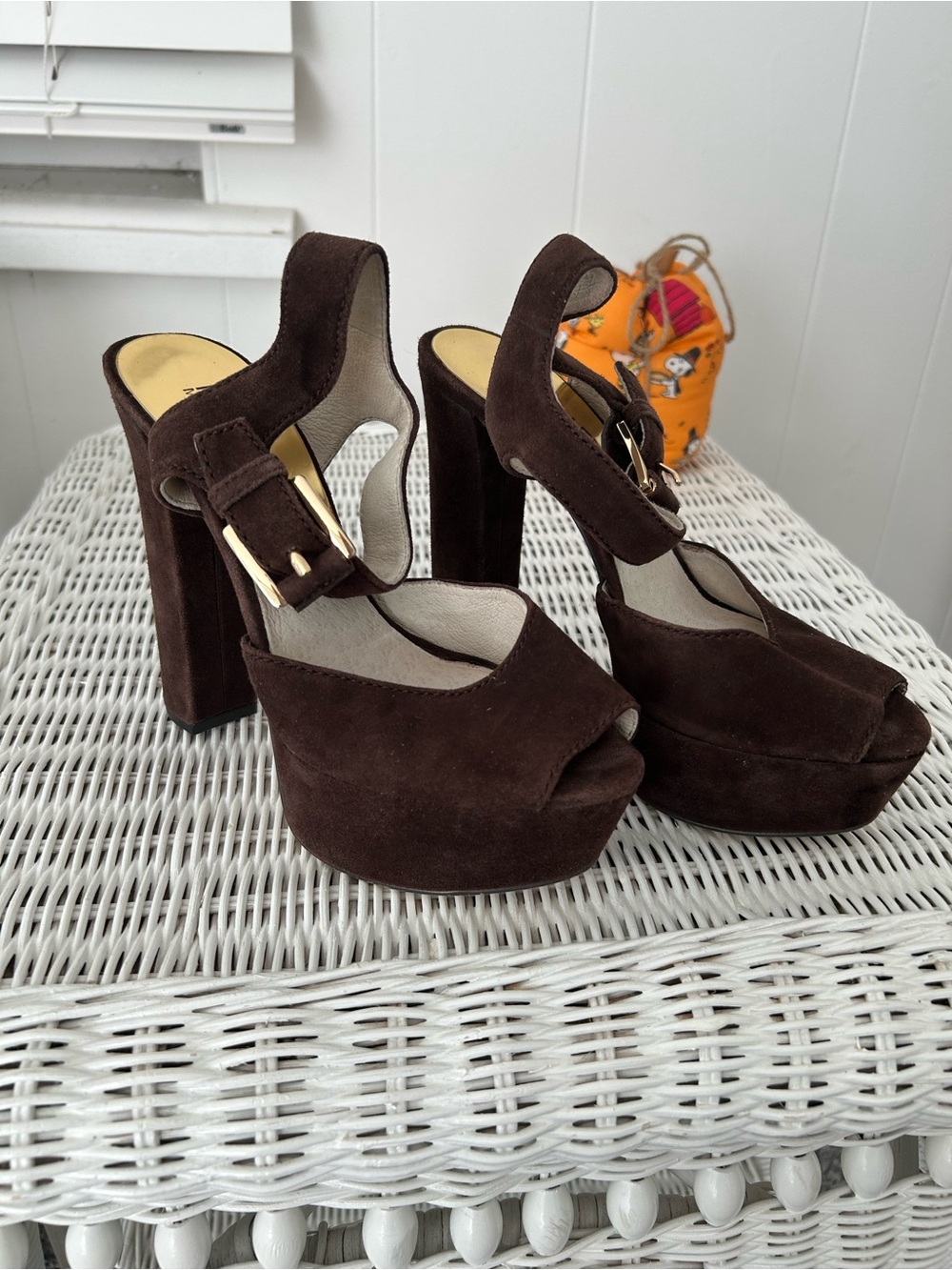 Michael Kors Dark Brown Suede Platform Peep-Toe Heels with Gold Buckle